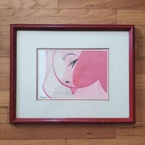 Vintage 70s Framed Matted Lady Hearts Watercolor Painting Wall‎ Hanging Signed